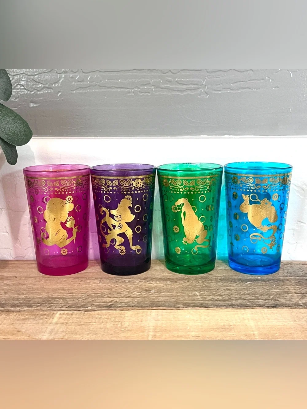 Disney Aladdin Moroccan Tea Cup Glasses Set of 4 Jewel Tones Gold Trim 8oz
